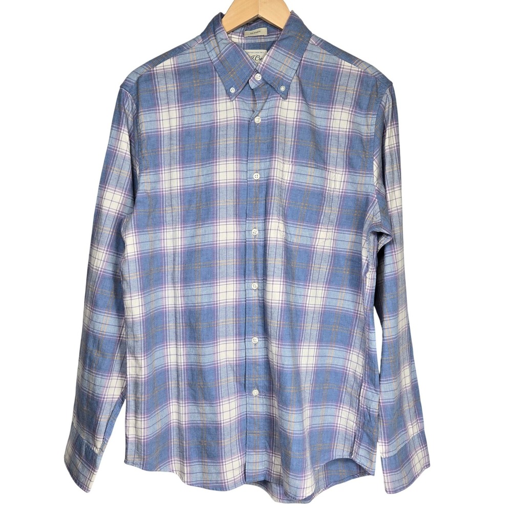 J. Crew Mens Classic Fit Cotton Linen Twill Plaid Shirt Blue Purple BE979 Size M